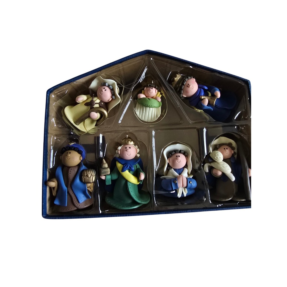7-Pc Handcrafted Nativity Ornament Set with Creche Blue Gold Christmas Decor